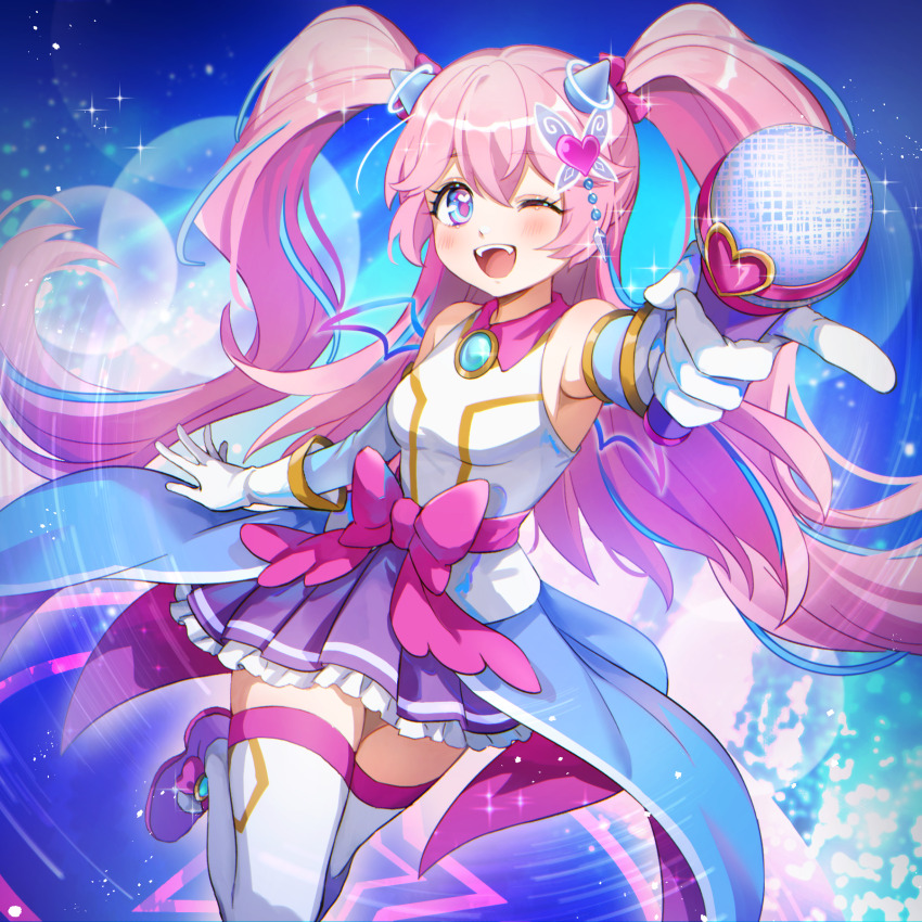 1girl ;d angelic_buster bare_shoulders blue_eyes blue_sleeves blush bow breasts brooch butterfly_hair_ornament detached_sleeves female_focus gloves hair_between_eyes hair_ornament heart heart_in_eye highres holding holding_microphone horns jewelry leafwow long_hair long_sleeves looking_at_viewer magical_girl maplestory medium_breasts microphone one_eye_closed open_mouth pink_bow pink_hair pleated_skirt purple_shoes purple_skirt shirt shoes skirt sleeveless sleeveless_shirt smile solo symbol_in_eye thighhighs twintails very_long_hair white_gloves white_shirt white_thighhighs
