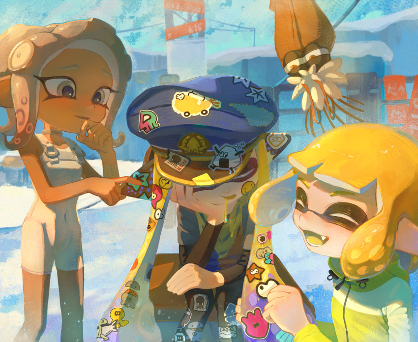 1boy 3girls ^_^ agent_3_(splatoon) agent_4_(splatoon) agent_8_(splatoon) bare_shoulders black_pants blonde_hair blue_hat bodysuit cap&#039;n_cuttlefish captain_3_(splatoon) choker cloak closed_eyes colored_tongue covered_navel dark-skinned_female dark_skin dmwggg dried_squid drooling finger_to_mouth floating furrowed_brow grey_choker grey_eyes grey_hair grey_shirt half-closed_eyes hand_on_own_cheek hand_on_own_face hat head_rest headphones highres inkling jacket layered_shirt long_hair looking_at_another medium_hair multiple_girls nintendo old old_man orange_eyes pants peaked_cap shirt sitting sleeping sleeveless sleeveless_bodysuit splatoon_(series) splatoon_3 splatoon_3:_side_order squidbeak_splatoon standing sticker sticker_on_face sticker_on_leg suction_cups tentacle_hair too_many_stickers torn_cloak torn_clothes twintails white_bodysuit yellow_jacket yellow_tongue
