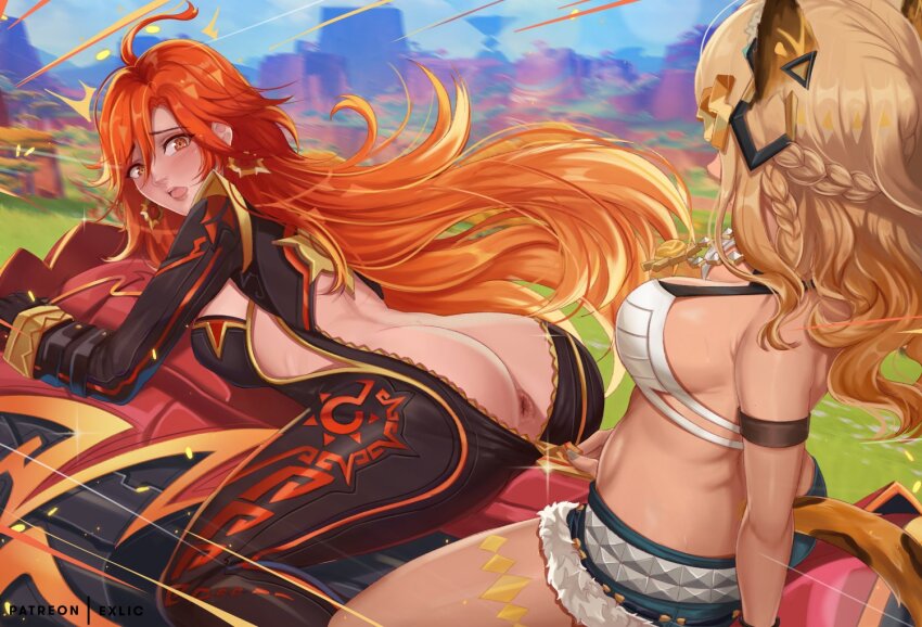 2girls anus ass biker_clothes bikesuit black_bodysuit blonde_hair bodysuit breasts dark-skinned_female dark_skin exlic genshin_impact large_breasts mavuika_(genshin_impact) multicolored_hair multiple_girls nail_polish orange_hair riding two-tone_hair unzipped xilonen_(genshin_impact)