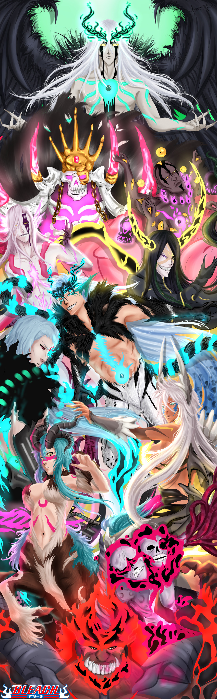 2girls 6+boys aaroniero_arruruerie abs absurdres arrancar auroraarchangel baraggan_louisenbairn black_hair bleach bleach:_brave_souls blonde_hair blue_eyes blue_hair bone breast_tattoo breasts brown_hair cleavage colored_skin coyote_starrk dark-skinned_female dark_skin drawing dress eyepatch facial_hair facial_mark gloves green_eyes grimmjow_jaegerjaquez hair_between_eyes highres hole_on_body hollow_(bleach) horns large_breasts long_hair looking_at_viewer midriff multiple_boys multiple_girls navel nelliel_tu_odelschwanck nnoitra_gilga number_tattoo pink_hair purple_eyes purple_hair red_eyes resurreccion revealing_clothes scar short_hair skull szayelaporro_granz tattoo tier_harribel ulquiorra_cifer underboob weapon white_skin wings yellow_eyes zommari_rureaux