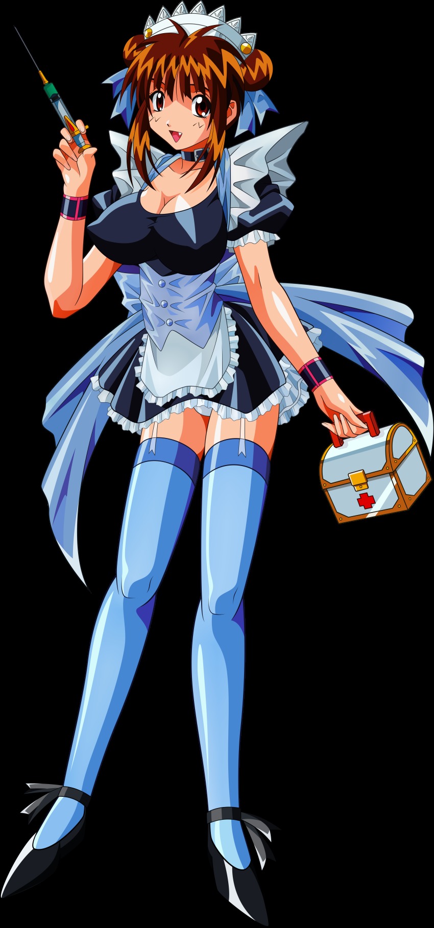 1990s_(style) absurdres breasts brown_hair highres large_breasts maid miniskirt nanako_kaitai_shinsho nurse retro_artstyle shichigusa_nanako skirt thighhighs yamashita_toshinari