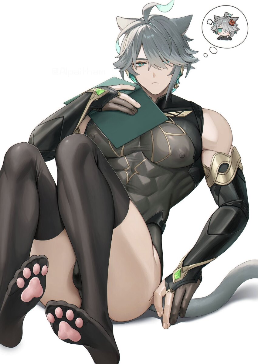 1boy abs ahoge alhaitham_(genshin_impact) alpaitham ambush_(trap) anger_vein angry animal_ears aqua_eyes aqua_hair ass black_gloves black_leotard black_sleeves black_thighhighs book bulge cat_boy cat_ears cat_tail chest_jewel chibi closed_mouth covered_erect_nipples earrings gem genshin_impact gloves green_gemstone grey_hair hair_between_eyes hair_over_one_eye half-closed_eyes highres holding holding_book holding_weapon jewelry jitome large_pectorals leotard looking_at_viewer male_focus multicolored_hair muscular muscular_arms muscular_male nipples nipples partially_fingerless_gloves pawpads pectorals short_hair simple_background sitting solo speech_bubble tail thighhighs thighs thought_bubble weapon white_background
