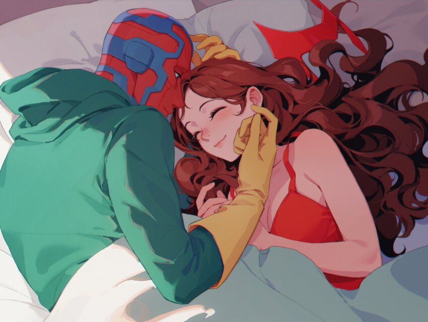 1boy 1girl absurdres al_(ahr) bare_shoulders bed blanket blue_eyes blue_skin blush breasts brown_hair cleavage closed_eyes closed_mouth colored_skin commentary couple english_commentary gloves green_hoodie half-closed_eyes hand_on_another&#039;s_head hand_on_own_face hands_up hetero highres hood hoodie indoors large_breasts long_hair long_sleeves looking_at_another lying marvel marvel_cinematic_universe mask multicolored_skin on_bed on_side pillow red_mask red_skin red_tank_top shadow sleeping smile tank_top vision_(marvel) wanda_maximoff wandavision wavy_hair yellow_gloves