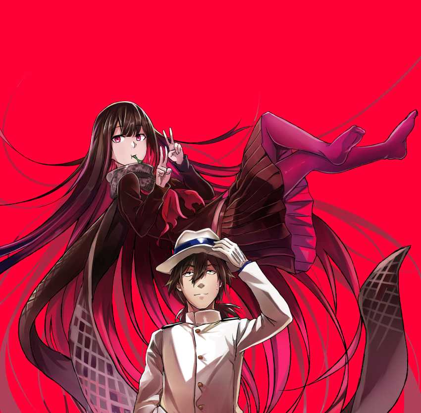 1boy 1girl absurdres black_hair double_v eating fate/grand_order fate_(series) fedora frog gloves hat highres jeffrey10 long_hair oryou_(fate) pantyhose red_pantyhose sakamoto_ryouma_(fate) scarf sweatdrop v very_long_hair white_gloves
