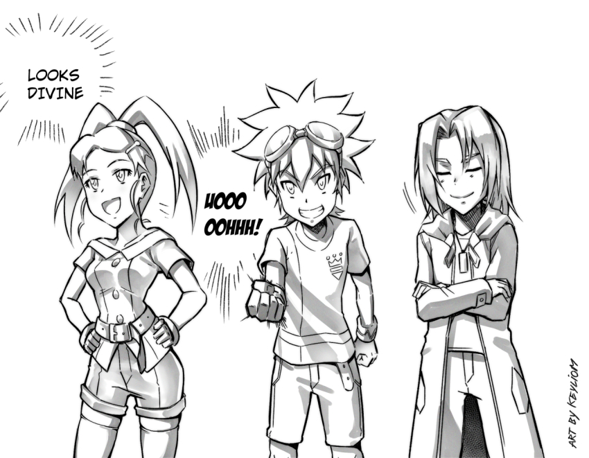 1girl 2boys amano_nene_(digimon_xros_wars) aonuma_kiriha breasts closed_eyes digimon digimon_xros_wars digimon_xros_wars:_toki_wo_kakeru_shounen_hunter-tachi hair_ornament hairclip keyliom kudou_taiki long_hair multiple_boys ponytail smile split_ponytail teeth