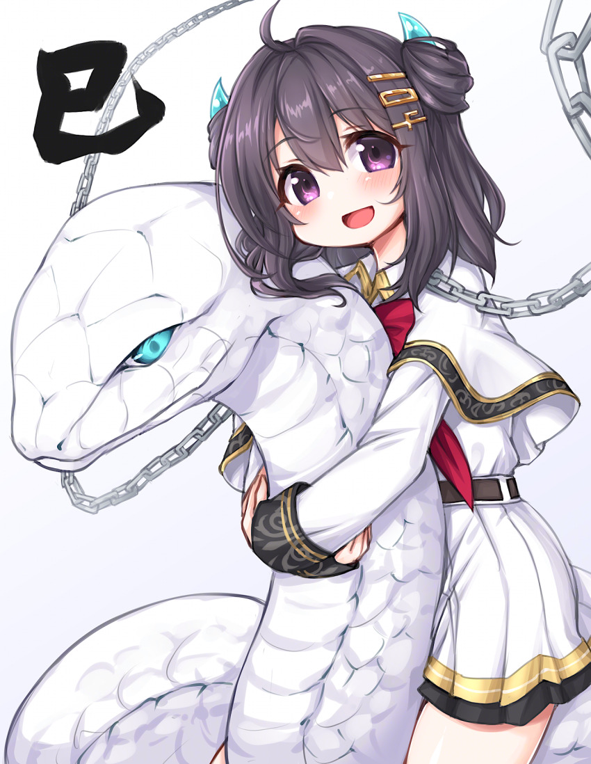 1girl 2025 20s ahoge animal animal_hug azur_lane black_hair blue_eyes blush bow capelet chain chinese_zodiac double_bun hair_bun hair_ornament hairclip happy_new_year kinomiki_nobori long_sleeves looking_at_viewer new_year open_mouth purple_eyes red_bow school_uniform shirt short_hair skirt smile snake standing tai_yuan_(azur_lane) tai_yuan_(retrofit)_(azur_lane) white_background white_capelet white_shirt white_skirt year_of_the_snake