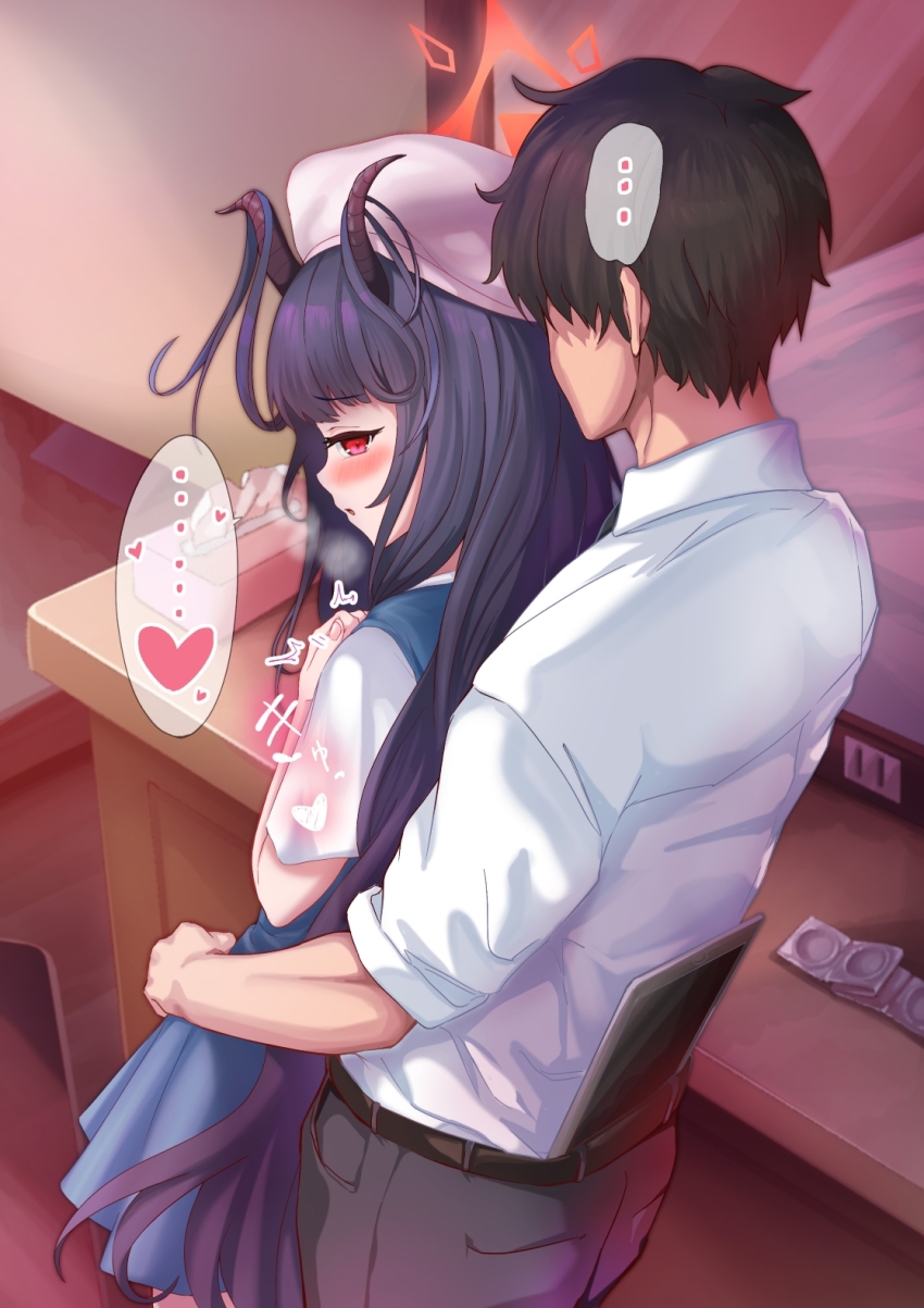 1boy 1girl black_hair black_pants blue_archive blue_skirt blue_vest blunt_bangs blush demon_girl demon_horns from_behind from_side fuuka_(blue_archive) fuuka_(casual)_(blue_archive) hair_between_eyes hand_on_another&#039;s_waist hat highres horns implied_sex long_hair looking_at_another mononoke_(pixiv53597254) no_eyes open_mouth pants sensei_(blue_archive) sex shirt short_hair short_sleeves sidelocks skirt sleeves_rolled_up stealth_sex tablet_pc vest white_hat white_shirt