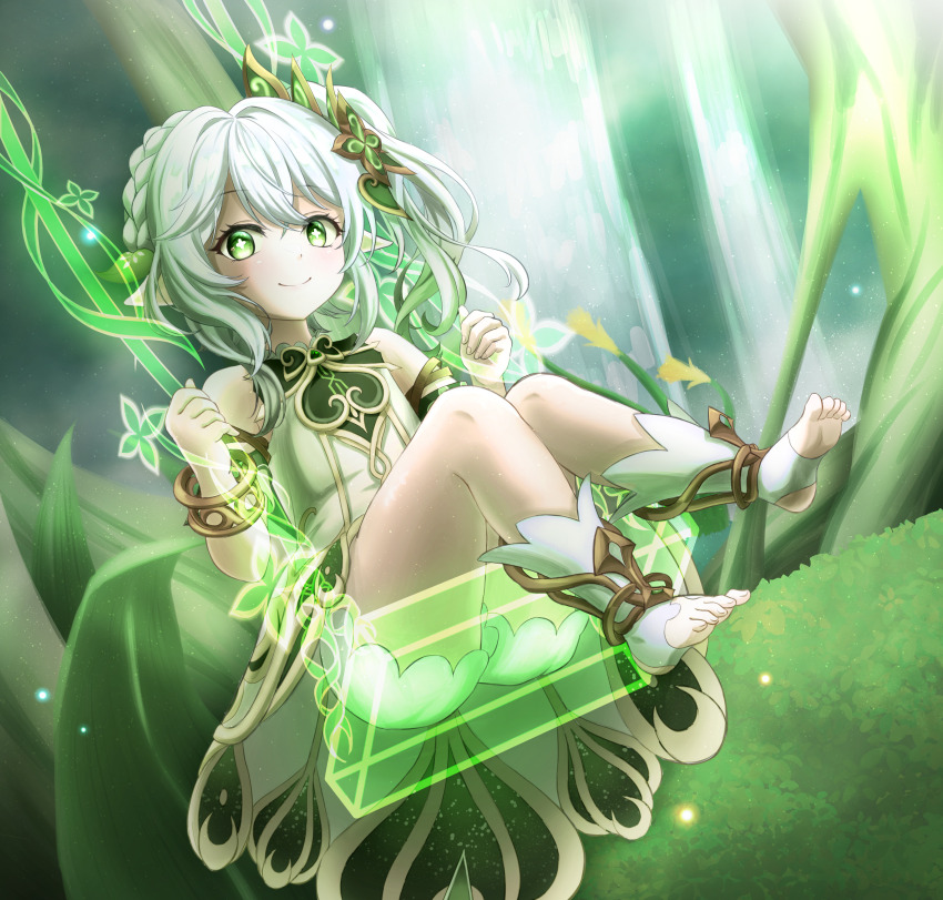 1girl absurdres bare_shoulders bloomers bracelet chantatou-hwi closed_mouth commentary detached_sleeves dress genshin_impact gold_trim gradient_hair green_eyes green_hair green_sleeves hair_between_eyes hair_ornament highres jewelry leaf_hair_ornament long_hair looking_at_viewer multicolored_hair nahida_(genshin_impact) on_swing pointy_ears side_ponytail sitting sleeveless sleeveless_dress smile solo stirrup_legwear swing swinging_on_swing symbol-shaped_pupils toeless_legwear toes underwear white_bloomers white_dress white_hair