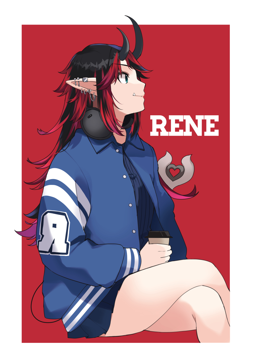 1girl absurdres alternate_costume black_hair black_horns blue_jacket blue_skirt character_name closed_mouth commentary cup demon_girl demon_horns demon_tail disposable_coffee_cup disposable_cup ear_chain english_commentary feet_out_of_frame headphones headphones_around_neck highres holding holding_cup horns invisible_chair jacket letterman_jacket linked_piercing long_hair long_sleeves looking_afar miniskirt multicolored_hair nanashi_inc. pleated_skirt profile red_background red_hair ryugasaki_rene sidelocks sitting skirt smile solo spiked_ear_piercing tail two-tone_background two-tone_hair virtual_youtuber white_background zono_(inokura_syuzo029)
