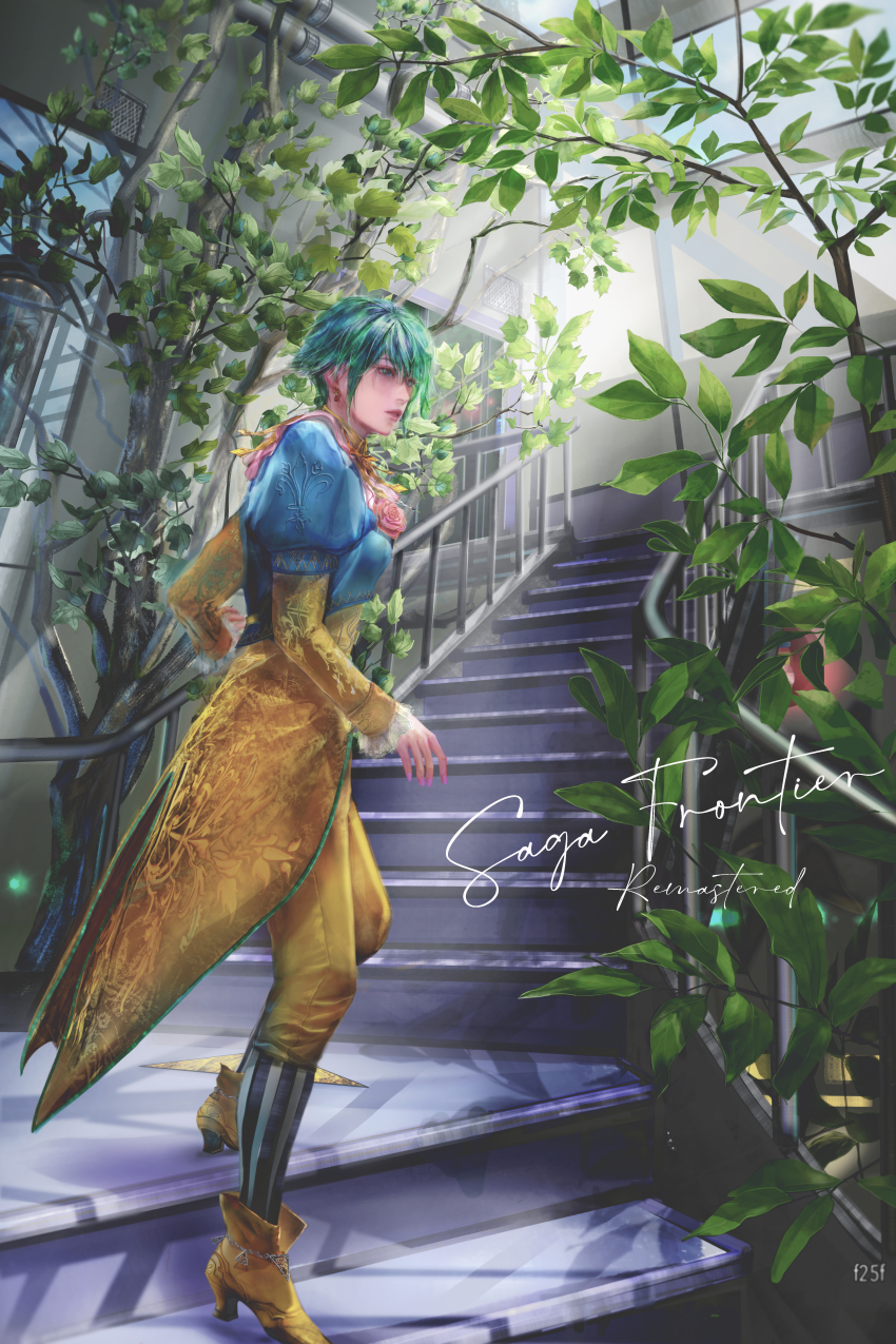 1girl absurdres asellus_(saga_frontier) breasts dress f25f flower green_eyes green_hair high_heels highres leaf rose saga saga_frontier short_hair socks solo striped_clothes striped_legwear striped_socks tree vertical-striped_clothes vertical-striped_socks