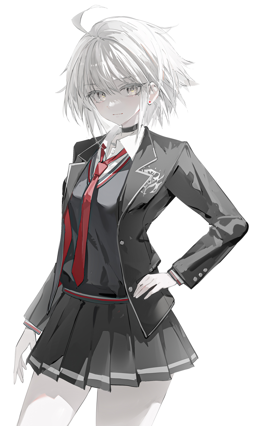 1girl absurdres ahoge black_choker black_hair black_jacket black_skirt choker collared_shirt commentary earrings fate/grand_order fate_(series) hair_between_eyes highres jacket jeanne_d&#039;arc_alter_(fate) jewelry long_sleeves looking_at_viewer luozhou_pile open_clothes open_jacket pleated_skirt red-framed_eyewear shirt short_hair sidelocks skirt solo white_eyes white_hair white_shirt