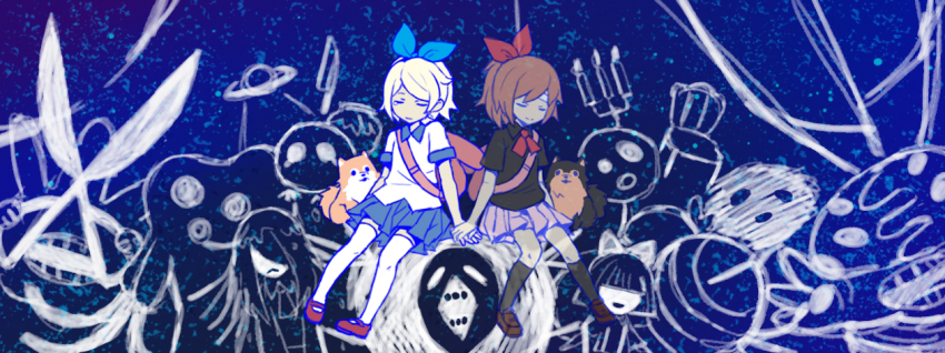 2girls animal_ears backpack bag bandages black_shirt blue_ribbon dog closed_eyes ghost hair_ribbon haru_(yomawari) holding_hands loafers monster multiple_girls pleated_skirt ponytail rabbit_ears red_ribbon ribbon school_uniform shin_yomawari shirt shoes short_hair short_sleeves shoulder_bag sitting skirt soda_(pixiv_id_2011174) tears white_shirt yomawari_(series) yui_(yomawari)