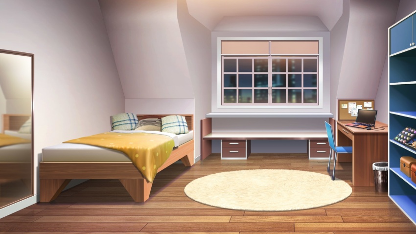 bed blanket bulletin_board chair cityscape computer computer_mouse desk drawer flat_chest highres indoors laptop mirror night no_humans non-web_source official_art our_life:_beginnings_and_always pillow reflective_surface rug scenery seashell shell trash_can variant_set window_blinds windowsill wooden_floor