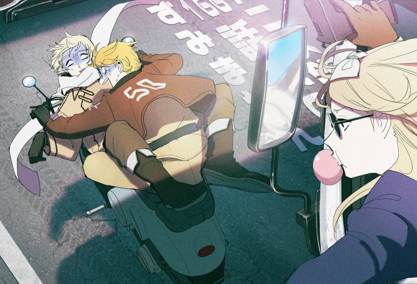 1girl 2boys america_(hetalia) axis_powers_hetalia back belarus_(hetalia) belt black-framed_eyewear black_belt black_boots black_eyes black_gloves blonde_hair blue_dress blue_eyes boots bow brother_and_sister brown_gloves brown_jacket brown_pants chain chewing_gum coat collared_coat commentary_request cuffs dress floating_clothes from_behind fur-trimmed_jacket fur_trim glasses gloves gun hair_bow handgun highres holding holding_gun holding_weapon jacket juliet_sleeves long_hair long_sleeves looking_at_another looking_back military_jacket military_uniform motor_vehicle motorcycle multiple_boys on_motorcycle open_mouth outdoors pants pcpc_onaka puffy_sleeves riding road russia_(hetalia) scared scarf semi-rimless_eyewear shadow short_hair siblings side-view_mirror sitting smile sunglasses sweat teeth truck weapon white_bow white_hair white_scarf yellow_coat