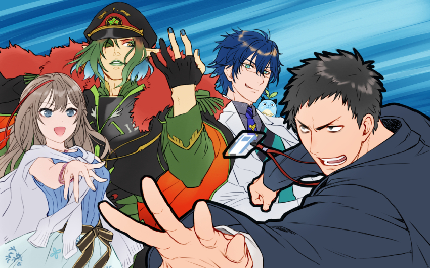 1girl 3boys :d aqua_eyes aqua_vest armor black_coat black_eyes black_gloves black_hair black_hat black_sash blue_background blue_eyes blue_hair blue_jacket blue_nails blue_necktie blue_shirt blue_skirt bracelet breastplate brown_hair coat coat_on_shoulders commentary_request ear_piercing epaulettes eyeshadow fingernails fur-trimmed_coat fur_trim glasses gloves gradient_hair green_eyeshadow green_hair green_lips hair_between_eyes hanabatake_chaika hanabatake_chaika_(6th_costume) hand_up hat id_card jacket jewelry kurusu_natsume kurusu_natsume_(1st_costume) lab_coat lanyard lapels leos_vincent leos_vincent_(1st_costume) long_hair long_sleeves makeup mameneko_(leos_vincent) military_uniform multicolored_eyeshadow multicolored_hair multiple_boys nail_polish necktie nijisanji on_shoulder one_eye_closed open_clothes open_coat open_mouth outstretched_arm parted_bangs parted_lips partially_fingerless_gloves peaked_cap piercing pointy_ears red_eyeshadow ribbed_shirt sash shirt short_hair sidelocks skirt sleeveless sleeveless_shirt smile smirk succo_gura sweater sweater_around_neck teeth two-sided_coat two-sided_fabric v-shaped_eyebrows very_short_hair vest virtual_youtuber white_coat white_shirt white_sweater yashiro_kizuku yashiro_kizuku_(2nd_costume) yellow_eyes