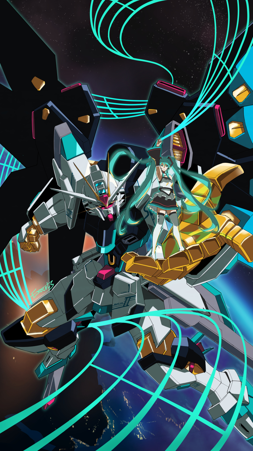 1girl absurdres aqua_eyes aqua_hair arm_up artist_name black_skirt black_sleeves boots breasts clenched_hand closed_mouth commentary_request crossover detached_sleeves earth_(planet) exocet_(exocet4) eye_trail floating_hair foreshortening gundam gundam_seed gundam_seed_freedom hair_between_eyes hair_ornament hatsune_miku headset highres light_trail long_hair looking_at_viewer mecha mechanical_wings medium_breasts microphone mobile_suit musical_staff on_mecha outstretched_arm planet robot science_fiction shirt skirt sleeveless sleeveless_shirt smile space standing star_(sky) strike_freedom_gundam_type_ii thigh_boots twintails v-fin very_long_hair vocaloid white_boots white_shirt wings yellow_eyes