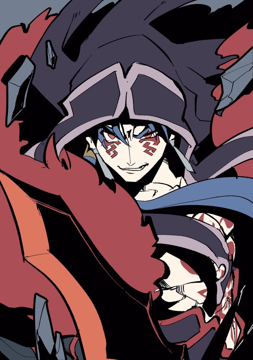 1boy bare_pectorals blue_hair chest_tattoo cu_chulainn_(fate) cu_chulainn_alter_(fate) cu_chulainn_alter_(third_ascension)_(fate) earrings facial_tattoo fate/grand_order fate_(series) gae_bolg_(fate) grey_background grin hanahiyo_(hoimin) highres hood jewelry long_hair looking_at_viewer male_focus pectorals red_eyes simple_background smile solo tattoo thick_eyebrows upper_body