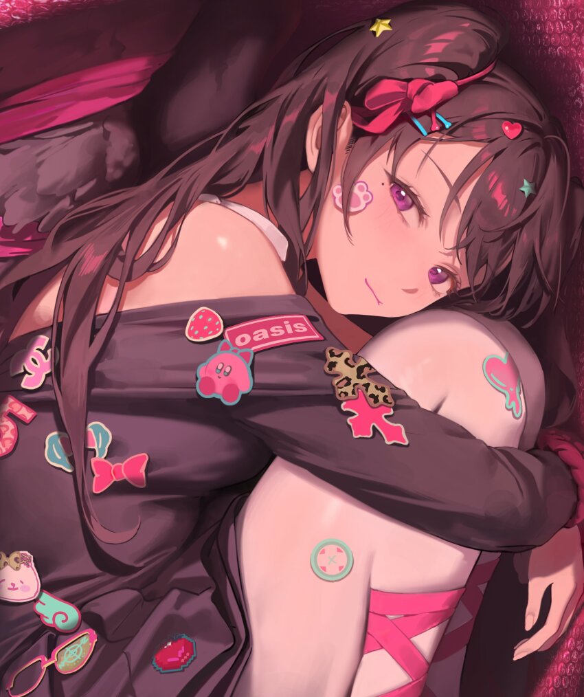 1girl bangsom black_jacket blush bow brown_hair closed_mouth hair_bow highres hugging_own_legs jacket long_hair looking_at_viewer maya_(bangsom) mole mole_under_eye off_shoulder original pantyhose smile solo two_side_up upper_body wavy_hair white_pantyhose