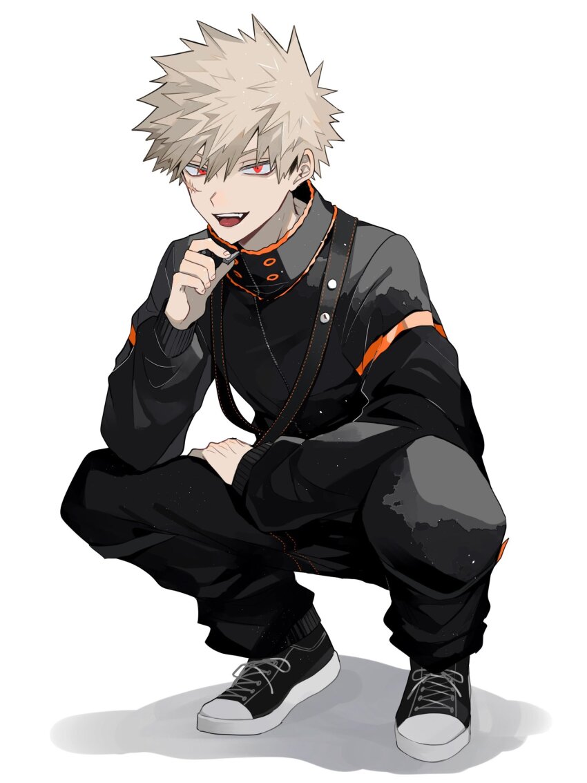 1boy bakugou_katsuki black_jacket black_pants blonde_hair boku_no_hero_academia commentary_request facial_scar full_body hair_between_eyes hand_on_own_leg highres jacket long_sleeves male_focus neminemisho open_mouth pants red_eyes scar scar_on_cheek scar_on_face shadow shoelaces shoes short_hair simple_background smile solo spiked_hair squatting teeth upper_teeth_only white_background