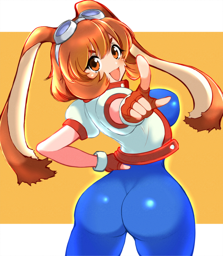 1girl ass breasts brown_eyes brown_hair fingerless_gloves from_behind gloves goggles goggles_on_head hand_on_own_hip highres huge_ass index_finger_raised large_breasts legs looking_at_viewer looking_back makihara_arina open_mouth pointing pointing_at_viewer rabbit_ears short_hair sideboob smile solo teeth thighs tongue waku_waku_7