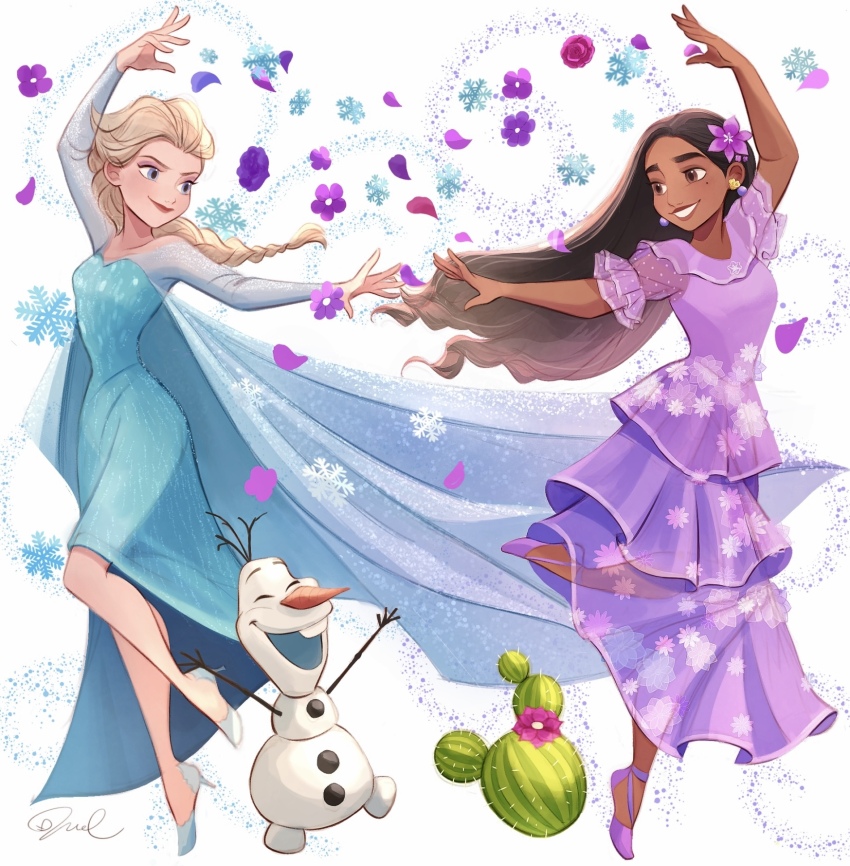 2girls blonde_hair blue_dress blue_footwear braid braided_ponytail brown_eyes brown_hair cactus commentary crossover dark-skinned_female dark_skin dress elsa_(frozen) encanto english_commentary flower frozen_(disney) grin hair_flower hair_ornament highres isabela_madrigal long_dress long_hair looking_at_another melchencanto mixed-language_commentary multiple_girls olaf_(frozen) pink_flower pink_petals purple_dress purple_flower purple_petals red_petals simple_background smile snowflakes white_background