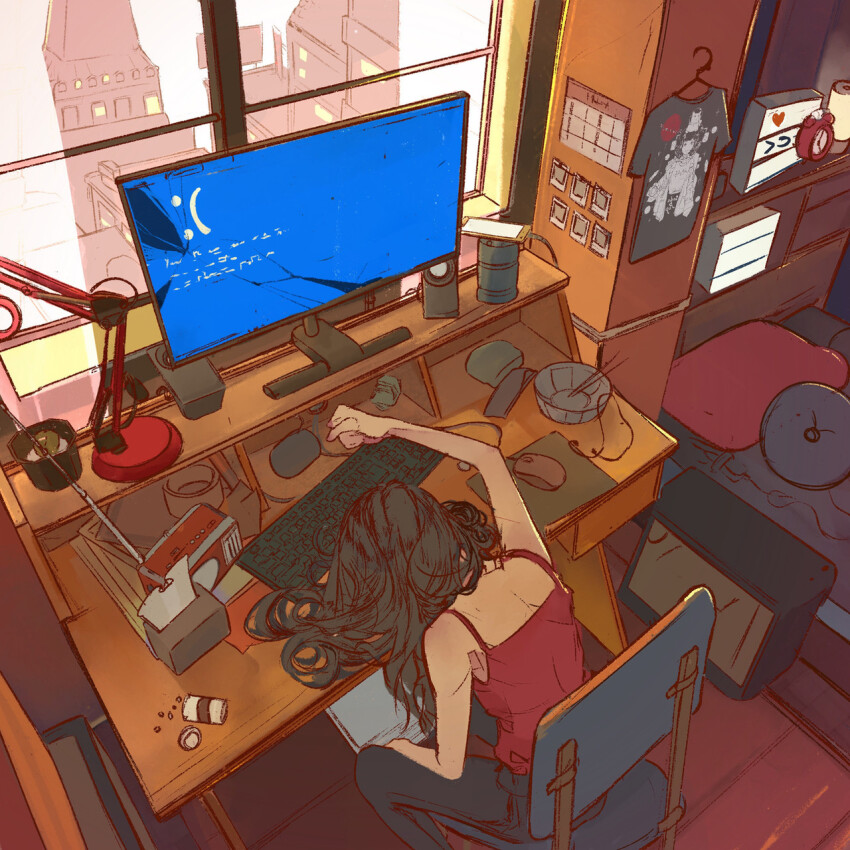1girl alarm_clock bare_shoulders black_hair black_pants blue_screen_of_death broken_screen camisole cellphone chair chopsticks clenched_hand clock commentary computer_keyboard computer_mouse cracked_screen desk desk_lamp elliemaplefox english_commentary from_above highres indoors lamp long_hair mousepad_(object) on_chair original pants phone pill pill_bottle radio red_camisole screen shirt sitting smartphone solo window wireless_earphones