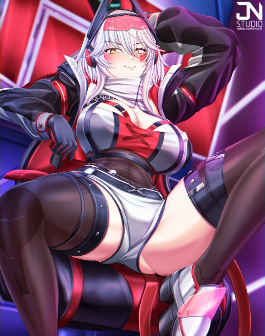 1girl arm_up black_jacket black_thighhighs blush closed_mouth cropped_jacket grey_hair highres jacket jnstudio leotard leotard_under_clothes looking_at_viewer medium_hair power_symbol-shaped_pupils red_shirt shirt shorts smile solo symbol-shaped_pupils thighhighs two-tone_shirt virtual_youtuber vshojo white_footwear white_shirt white_shorts yellow_eyes zentreya zentreya_(cyborg) zentreya_(cyborg)_(zen_2.0)