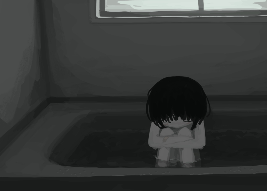 1girl bandaid bandaid_on_arm bathtub black_hair closed_eyes highres hugging_own_legs indoors knees_up original partially_submerged sitting solo utututuna window