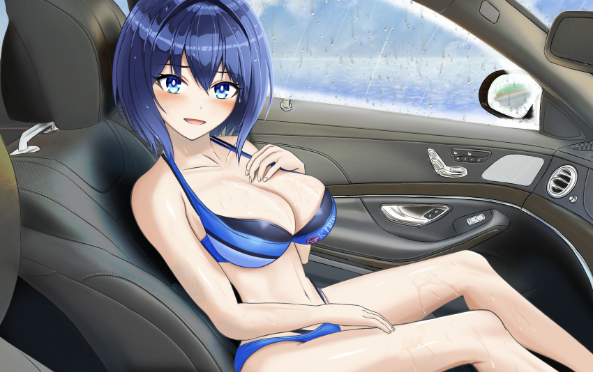 bikini blue_eyes blue_hair blush bra bra_peek breasts car_interior cleavage dolphin_wave hand_on_own_chest hand_on_own_crotch highres kirishima_uniform large_breasts looking_at_viewer open_clothes open_mouth open_shirt pov rain short_hair swimsuit taraba_(redkingtaraba) tojou_michiru underwear
