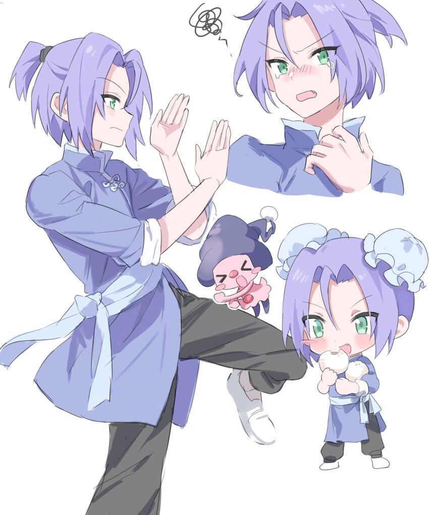 1boy blush game_freak gen_4_pokemon green_eyes highres hinoknd james_(pokemon) japanese_clothes kimono mime_jr. nintendo pokemon pokemon_(anime) pokemon_(creature) ponytail purple_hair short_ponytail team team_rocket tears white_background