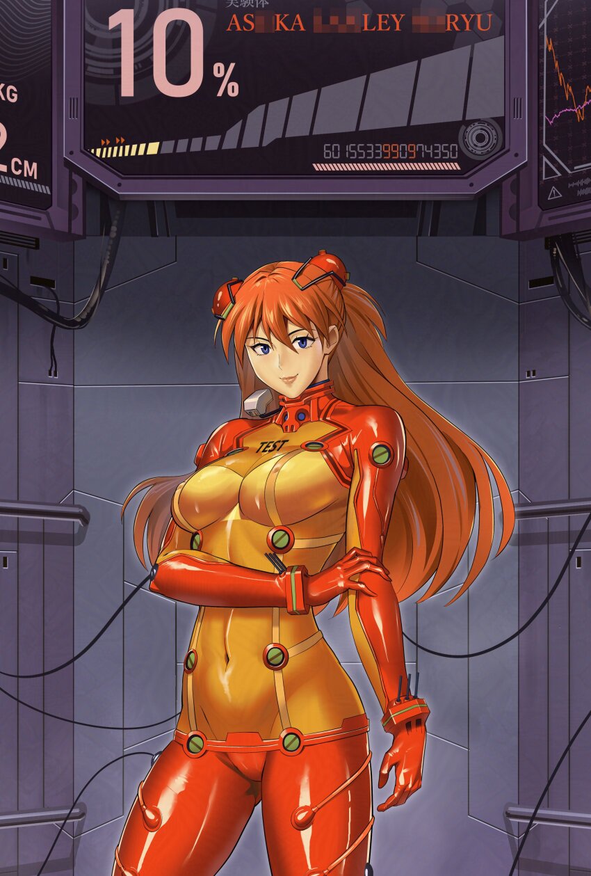 1girl absurdres blue_eyes bodysuit breasts covered_erect_nipples covered_navel evangelion:_2.0_you_can_(not)_advance female_focus gloves gluteal_fold highres kirin_ouji large_breasts long_hair mecha_pilot_suit neon_genesis_evangelion plugsuit_(evangelion) rebuild_of_evangelion red_hair skin_tight smile solo souryuu_asuka_langley toned
