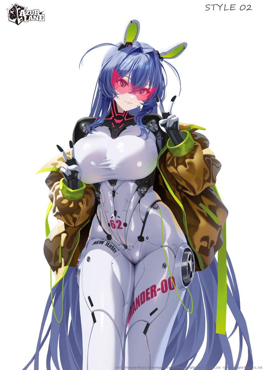 1girl absurdly_long_hair absurdres animal_ears azur_lane blue_eyes blue_hair bodysuit breasts brown_jacket copyright_name double_v eye_mask fake_animal_ears hair_between_eyes hair_intakes highres jacket large_breasts logo long_hair looking_at_viewer new_jersey_(azur_lane) official_alternate_costume official_art rabbit_ears smile solo v very_long_hair white_background white_bodysuit
