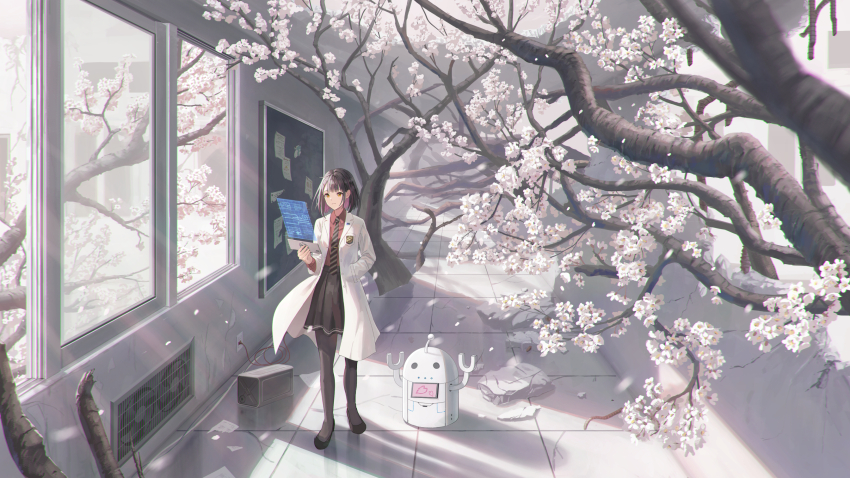 1girl air_conditioner black_hair black_necktie black_pantyhose black_shoes black_skirt bulletin_board cherry_blossoms coat collared_shirt colored_inner_hair commentary day hallway hand_in_pocket highres holding holographic_touchscreen indoors lab_coat lapel_pin lapels long_sleeves multicolored_hair necktie orange_eyes original overgrown pantyhose pink_hair red_shirt robot rubble scenery shirt shoes short_hair shurock skirt solo standing striped_necktie sunlight tree white_coat wide_shot window