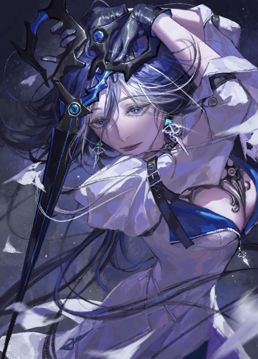 1girl absurdres adela_(path_to_nowhere) arm_belt black_gloves blue_eyes blue_hair breasts ccccl. chinese_commentary cleavage commentary earrings expressionless floating_earring gloves grey_eyeliner grey_lips highres holding holding_scissors jacket jewelry long_hair looking_down medium_breasts multicolored_hair naked_jacket path_to_nowhere puffy_sleeves scissors solo streaked_hair two-sided_fabric upper_body white_jacket zipper_pull_tab