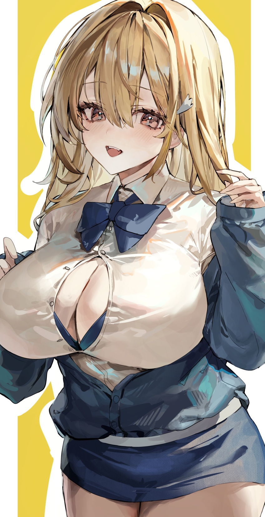 1girl absurdres blonde_hair blue_bow blue_bowtie blue_bra blue_cardigan blue_skin bow bowtie bra bra_peek breasts brown_eyes cardigan collared_shirt colored_skin cowboy_shot goddess_of_victory:_nikke highres kabi_(zcwd8845) large_breasts long_hair looking_at_viewer miniskirt off_shoulder open_mouth partially_unbuttoned pencil_skirt shirt skirt solo tia_(nikke) underwear white_shirt