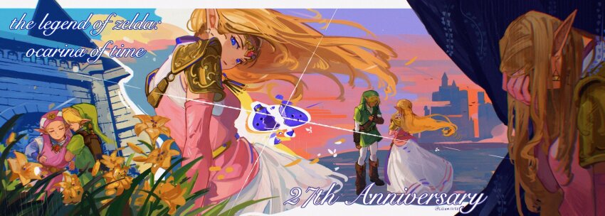 1boy 1girl anniversary blonde_hair blue_eyes blue_sleeves brooch chinese_commentary circlet commentary_request copyright_name dress earrings flower green_hat green_tunic hat highres jewelry layered_sleeves lilium815719 link long_hair long_sleeves looking_at_viewer nintendo parted_lips pink_dress pink_hat pointy_ears princess princess_zelda short_over_long_sleeves short_sleeves sword sword_on_back the_legend_of_zelda the_legend_of_zelda:_ocarina_of_time triforce tunic two-tone_dress weapon weapon_on_back white_dress yellow_flower young_link young_zelda