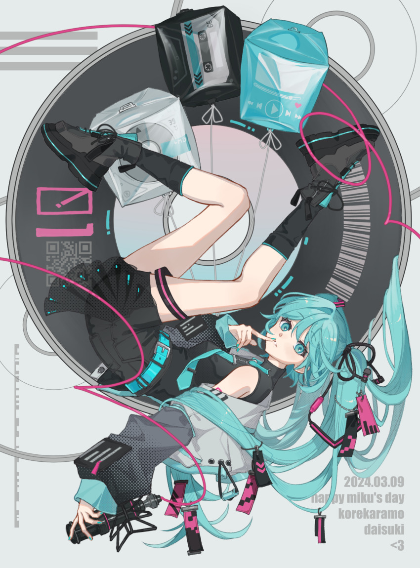 1girl aqua_belt aqua_eyes aqua_hair aqua_nails aqua_necktie bag black_boots black_dress black_shirt black_socks boots cassette_tape commentary_request dated dress earbuds earphones english_text feet_above_head grey_background grey_jacket hair_ornament hand_to_own_mouth hatsune_miku heart highres jacket long_hair looking_at_viewer lying miku_day necktie number_tattoo off_shoulder qr_code rabb_horn shirt sleeveless sleeveless_shirt socks solo tattoo teeth very_long_hair vocaloid