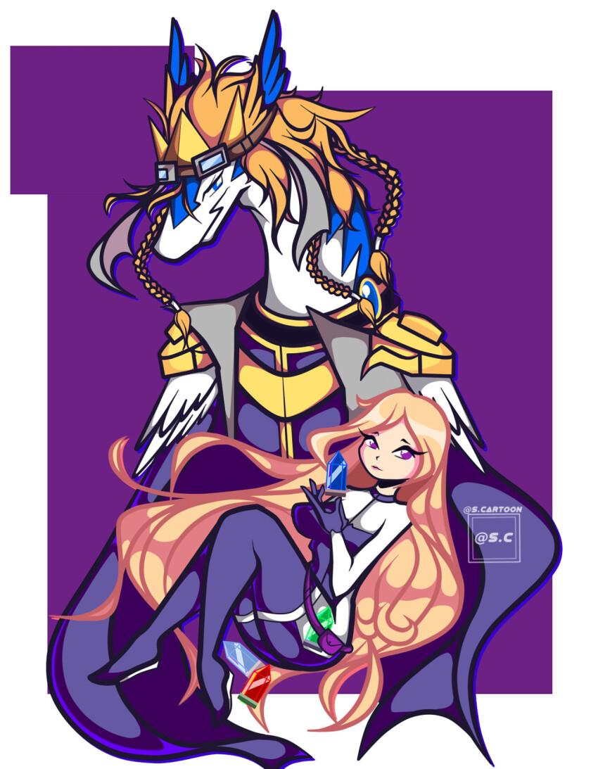 blonde_hair goggles goggles_on_head halca_hepburn highres legendz looking_at_viewer purple_eyes shiron_(legendz) wings