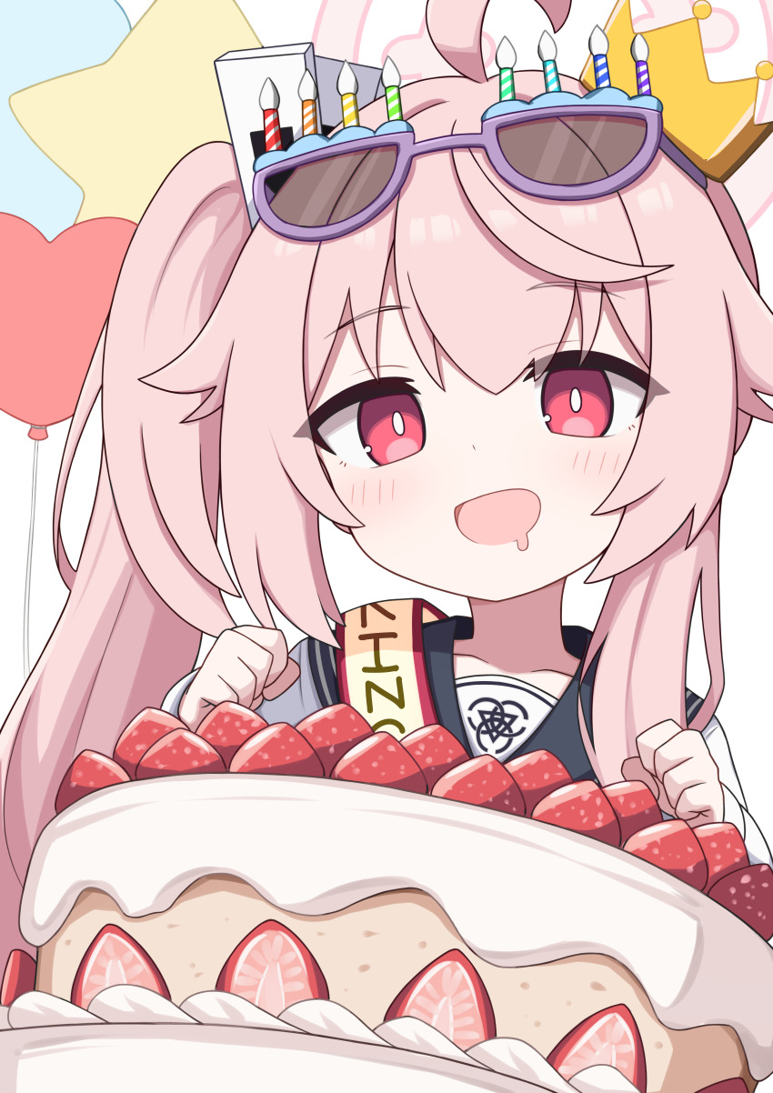 1girl absurdres ahoge balloon black_sailor_collar blue_archive cake clenched_hands commentary crown english_commentary eyewear_on_head food halo happy_birthday heart_balloon highres long_sleeves mini_crown natsu_(blue_archive) open_mouth pink_hair pink_halo red_eyes sailor_collar saliva saliva_trail shirt side_ponytail smile solo star_balloon strawberry_cake upper_body white_background white_shirt zddma20
