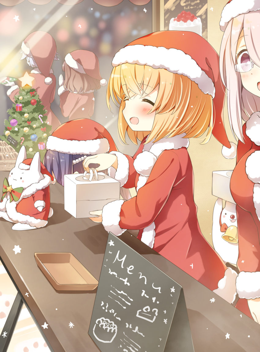 1other 5girls anne_happy blonde_hair blue_hair blurry blush box brown_hair cake christmas christmas_cake christmas_tree closed_eyes counter depth_of_field ekoda_ren food hagyuu_hibiki hanakoizumi_an hat hibarigaoka_ruri highres holding holding_box ichiyo12 kumegawa_botan menu multiple_girls open_mouth pink_hair rectangular_eyewear santa_costume santa_hat semi-rimless_eyewear smile timothy_(anne_happy) white_hair