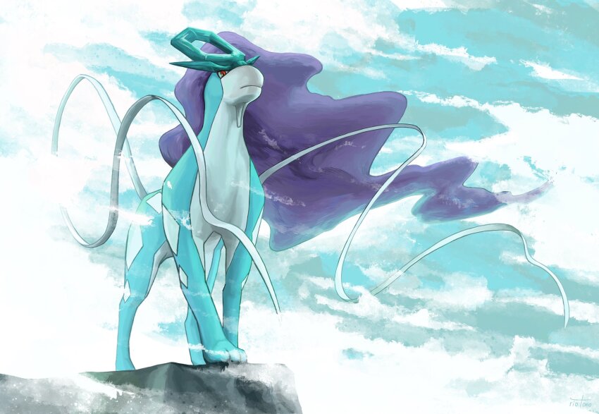 all_fours animal_focus blue_fur body_fur fog full_body gen_2_pokemon highres legendary_pokemon long_hair looking_at_viewer nintendo pokemon pokemon_(creature) purple_hair red_eyes riotono_0643 solo suicune