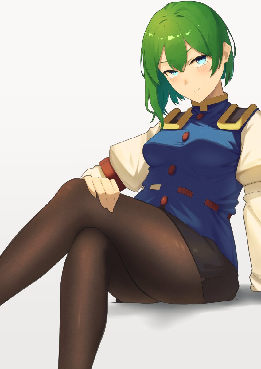 1girl absurdres black_skirt blue_eyes blue_vest blush breasts closed_mouth crossed_legs feet_out_of_frame green_hair hair_between_eyes hand_on_own_thigh highres legs light_smile long_sleeves looking_at_viewer medium_breasts medium_hair no_headwear pantyhose raian_macaroni shiki_eiki shirt single_sidelock sitting skirt solo touhou vest white_background white_shirt