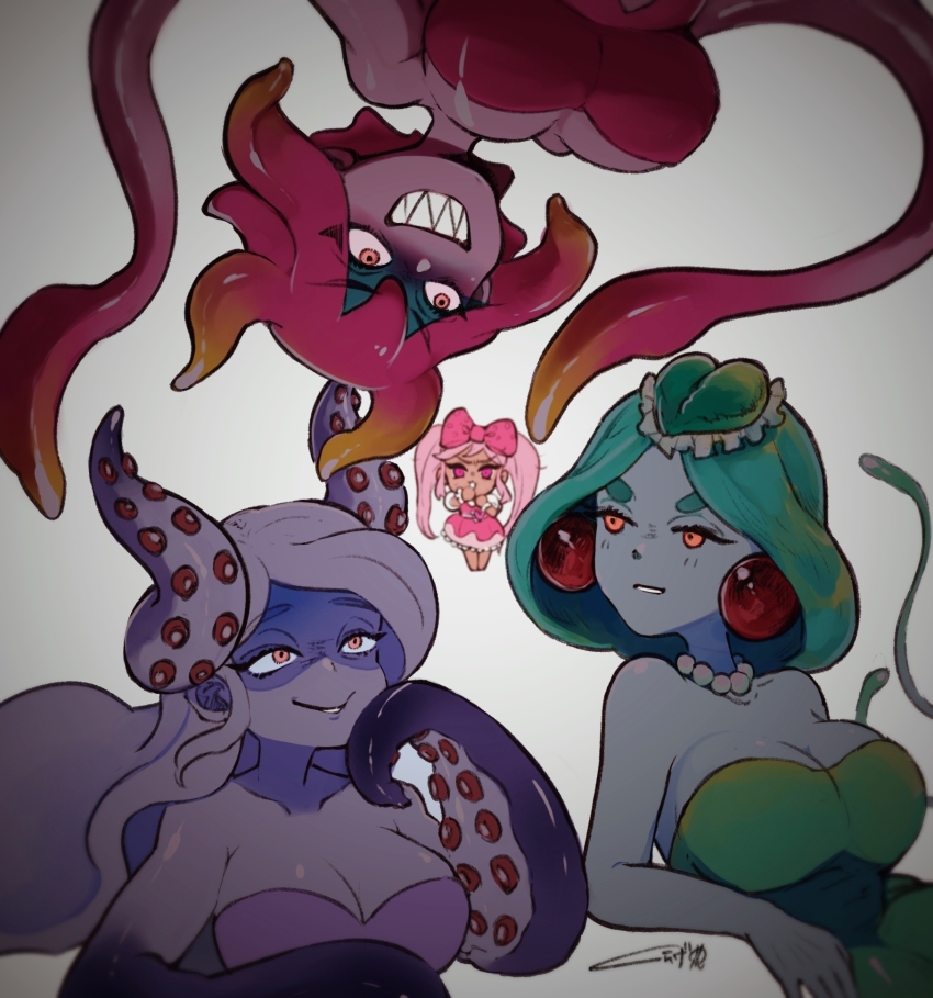 4girls blonde_hair blue_dress breasts brown_eyes cleavage dark-skinned_female dark_skin dress earrings gradient_hair green_dress green_hair highres ippaiotabe_mkw jewelry large_breasts long_hair looking_at_another marina_(omori) medusa_(omori) molly_(omori) monster_girl multicolored_hair multiple_girls necklace omori parted_lips pink_eyes pink_hair red_dress sharp_teeth short_hair slime_girl sweetheart_(omori) teeth tentacle_hair white_hair