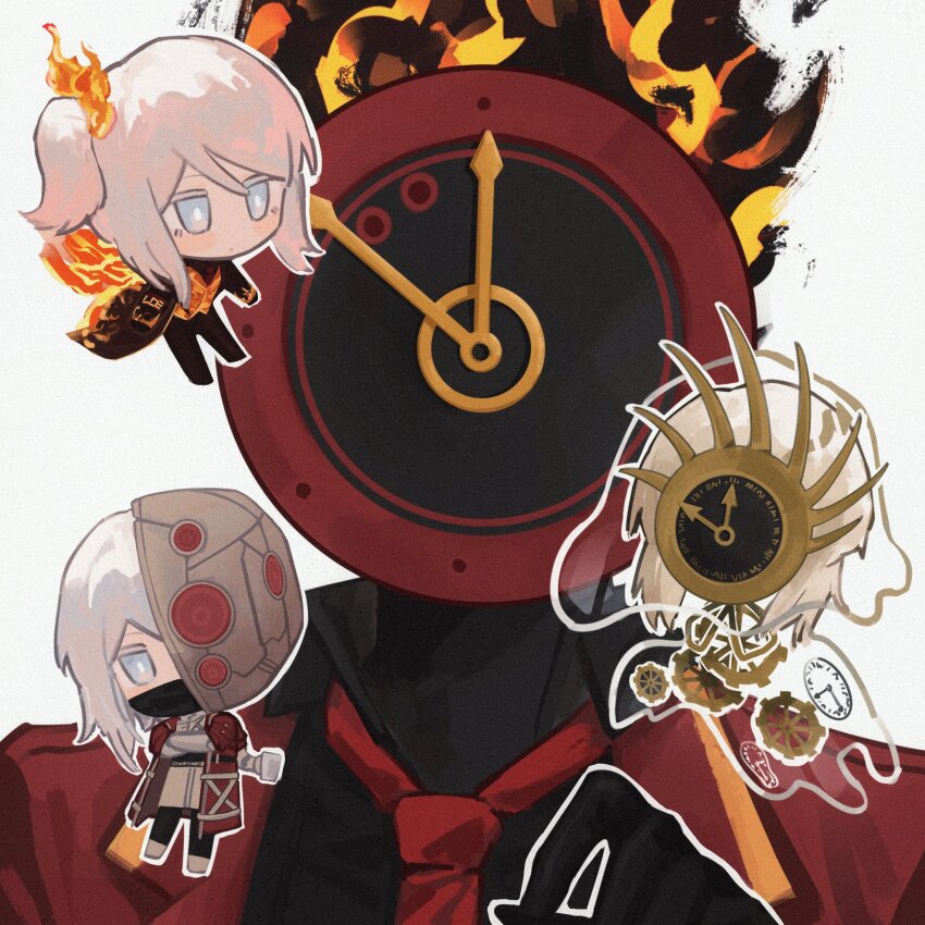 1other 3girls ardor_blossom_star_(e.g.o) black_gloves black_mask black_shirt blue_eyes clock closed_mouth coat collared_shirt commentary_request dante_(limbus_company) e.g.o_(project_moon) everlasting_(e.g.o) faust_(project_moon) fire gloves hand_up highres ivy_(675671) lce_(identity)_(project_moon) limbus_company long_sleeves looking_at_viewer multicrack_office_(identity)_(project_moon) multiple_girls necktie one_side_up other_focus project_moon red_coat red_necktie shirt short_hair side_ponytail simple_background time_duck upper_body white_background white_hair