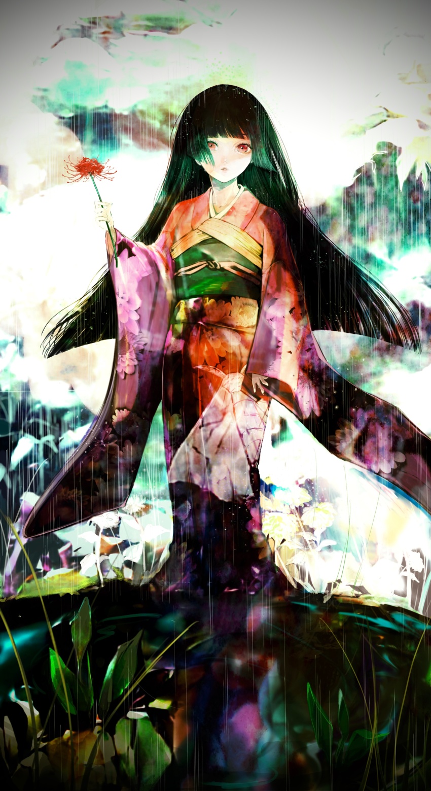 1girl absurdres black_hair commentary_request enma_ai flower full_body furisode highres holding holding_flower japanese_clothes jigoku_shoujo kimono long_hair looking_at_viewer memori_(sadakadeha_nai) rain red_eyes solo
