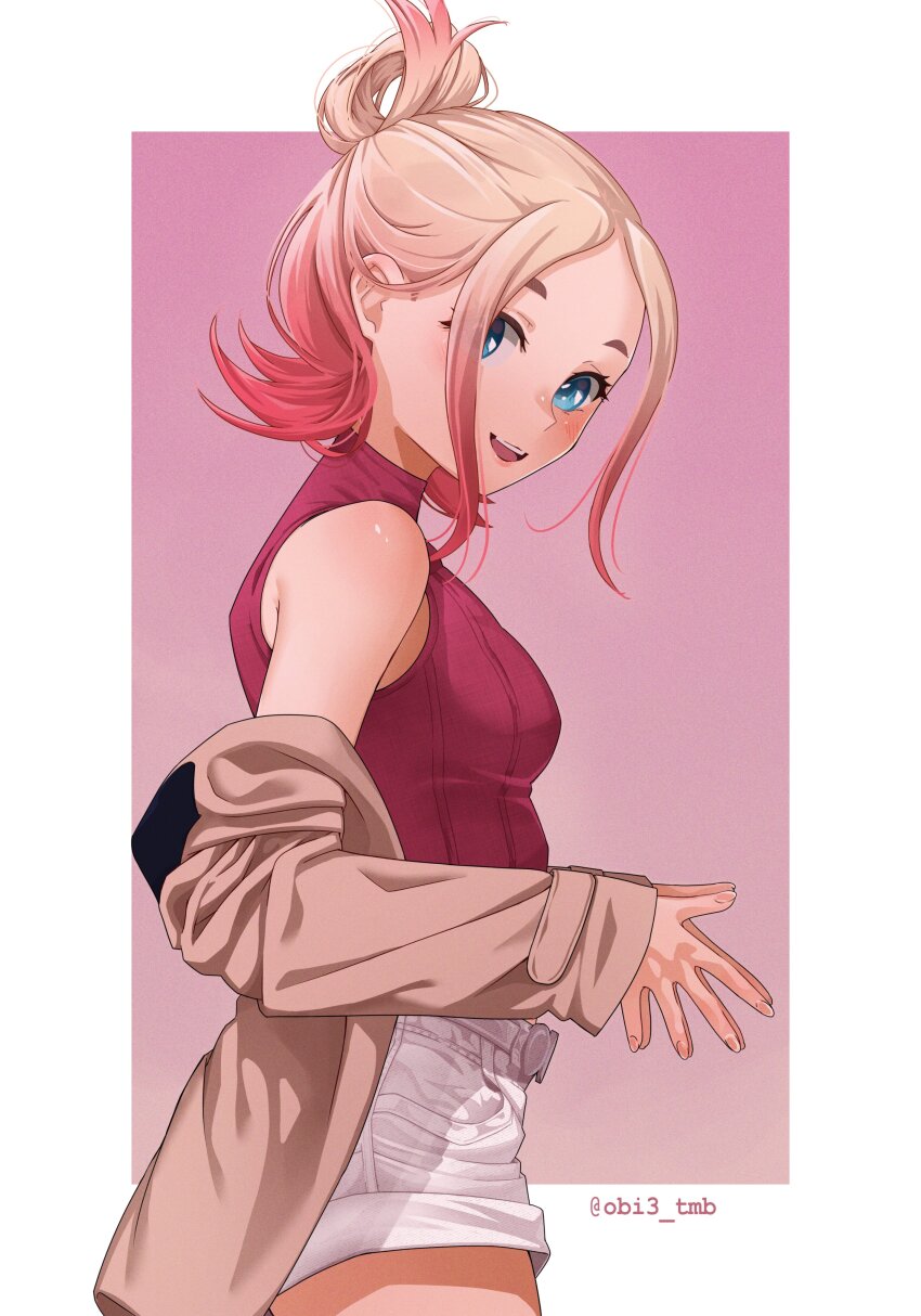 1girl absurdres blonde_hair blue_eyes blush breasts brown_jacket from_side gradient_hair hair_bun highres jacket long_sleeves looking_at_viewer medium_breasts multicolored_hair nintendo obi3 off-shoulder_jacket off_shoulder open_clothes open_jacket open_mouth pink_hair pokemon pokemon_legends:_z-a red_shirt red_sweater ribbed_shirt shirt shorts simple_background smile solo sweater taunie_(pokemon) turtleneck turtleneck_shirt white_shorts