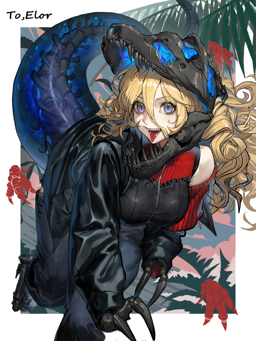 1girl absurdres animal_feet animal_hands black_jacket blonde_hair blue_eyes breasts commission curly_hair dinosaur_footprints dinosaur_girl dinosaur_skull dinosaur_tail dusk fangs footprints full_body gradient_eyes green_eyes highres jacket long_hair looking_at_viewer medium_breasts multicolored_eyes ocean original outdoors palm_tree peperon_(peperou) pink_eyes see-through_tail skeb_commission skeletal_feet skeletal_hand skull_on_head sleeves_past_wrists slit_pupils solo standing standing_on_one_leg tail tongue tongue_out tree