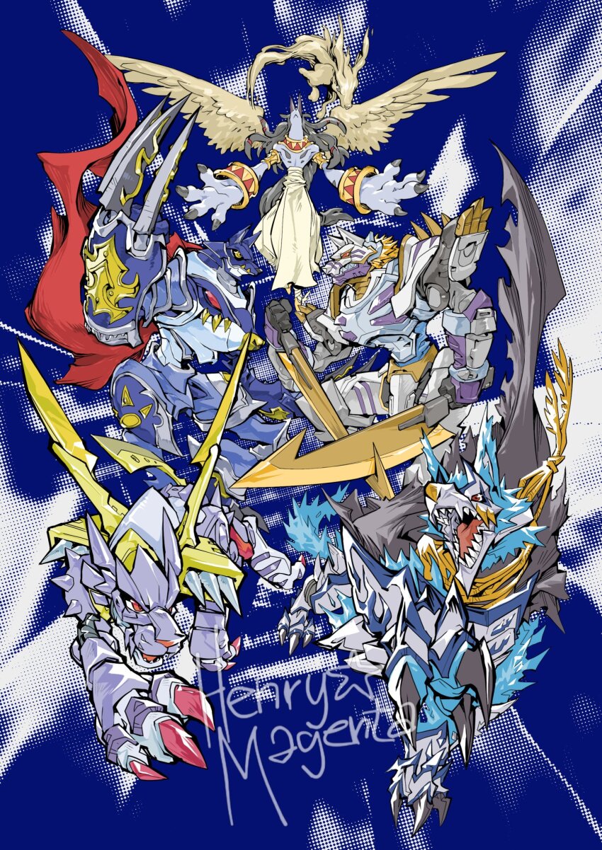ancientgarurumon anubimon blue_fire claws cyborg digimon digimon_(creature) fenriloogamon fire highres metalgarurumon miragegaogamon open_mouth sharp_teeth spikes teeth tongue tongue_out
