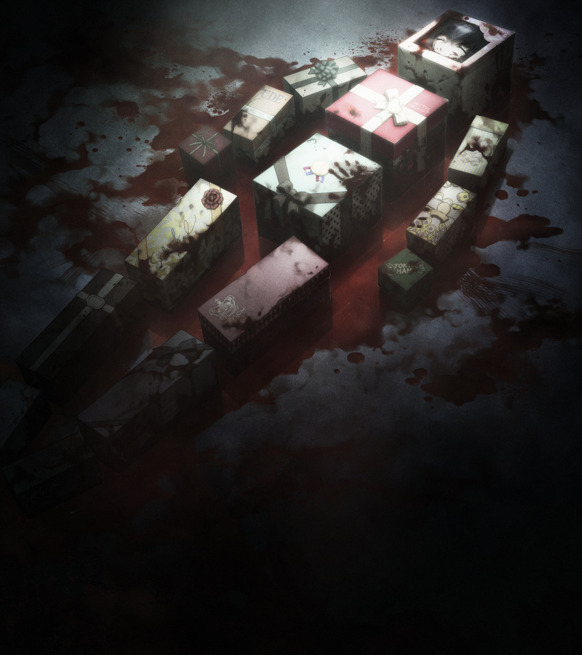 black_hair blood blood_on_face blood_splatter blood_stain box chaos;child closed_eyes dark death dim_lighting game_cg gift gift_box highres murder official_art pool_of_blood sasaki_mutsumi severed_arm severed_foot severed_hand severed_hands severed_head severed_leg severed_limb severed_torso tachibana_yui