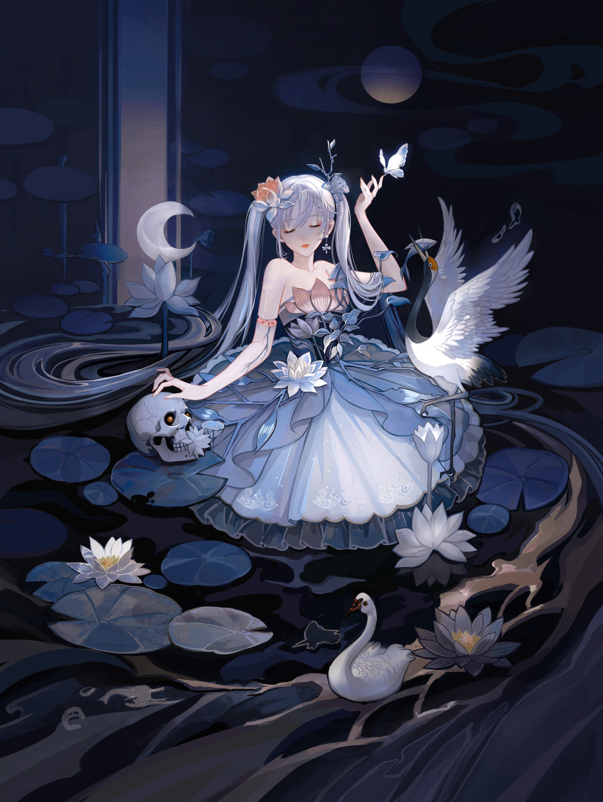 1girl absurdly_long_hair absurdres arm_up bare_shoulders bird blue_dress blue_ribbon braid bug butterfly closed_eyes closed_mouth commentary_request crane_(animal) crescent dragonfly_earrings dress earrings eyelashes fingernails fish flower frilled_dress frills full_body glowing_butterfly grey_hair hair_between_eyes hair_ornament hair_ribbon highres insect jewelry leaf lily_pad long_hair lotus lotus_hair_ornament lotus_pod multicolored_dress nail_polish orange_nails original ribbon severed_arm severed_limb shan_gui_yu_yao sidelocks single_braid single_earring skull solo strapless strapless_dress swan twintails very_long_hair water water_lily_flower white_dress white_flower